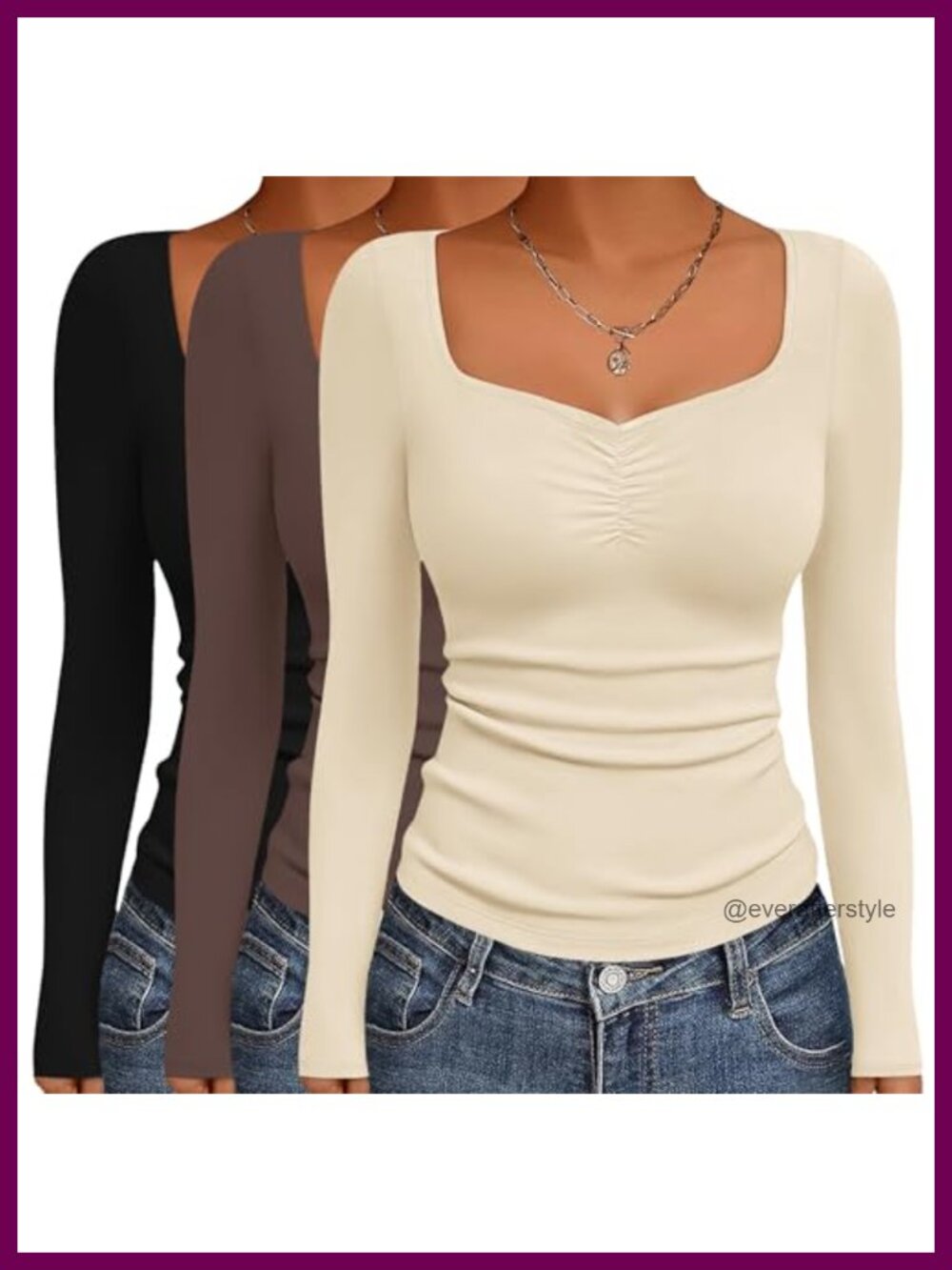 Women's Fitted Sweetheart Neck Long Sleeve T-Shirt 3 Pack